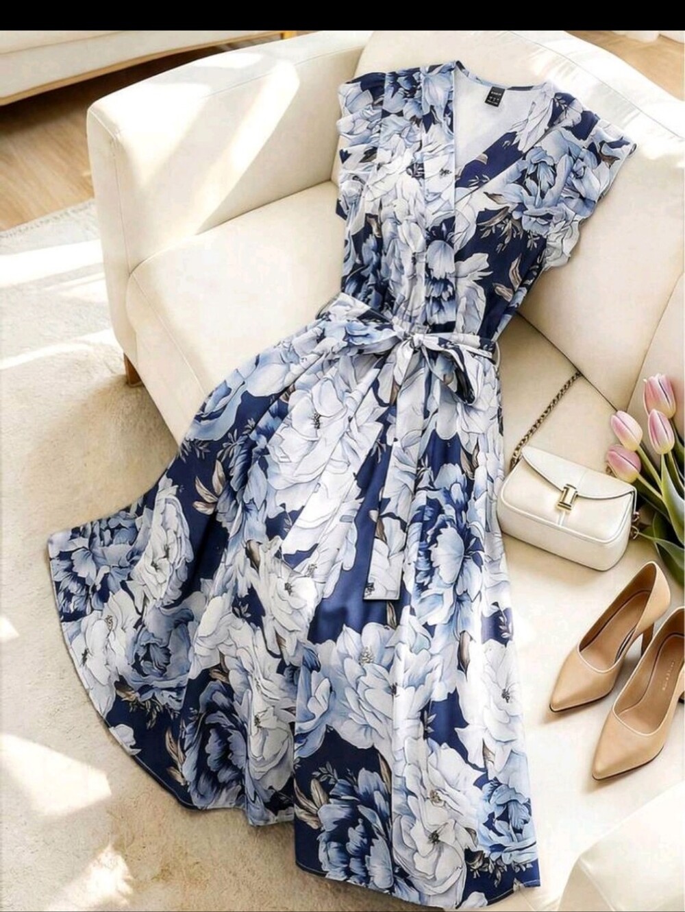 BRAND NEW ** Floral V-Neck Blue & White Midi Dress with Tie Waist
